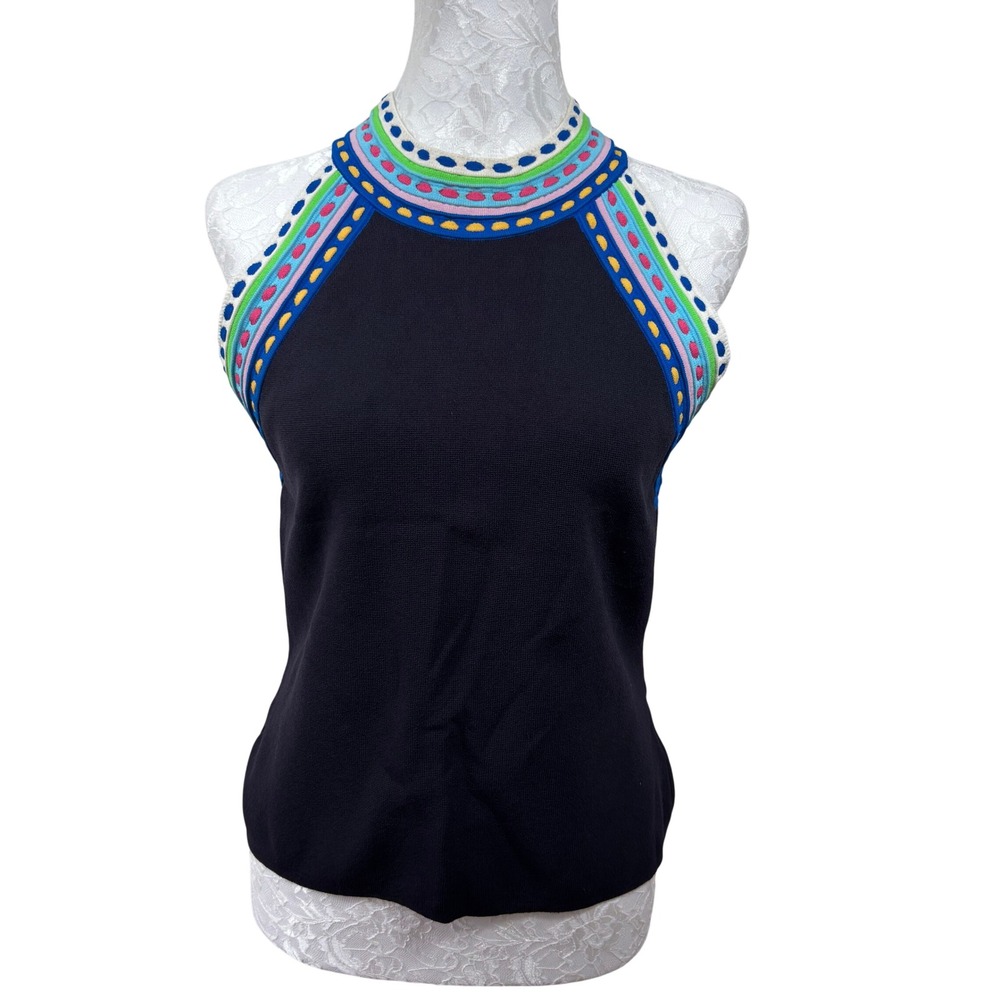 Milly Black Multicolored Crochet Trim Knit Sleeveless High Neck Tank Top Women L